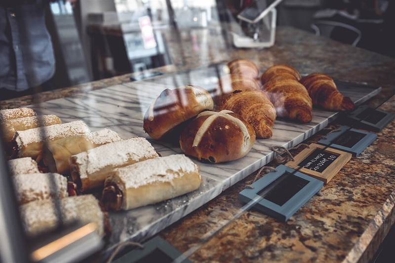 Pastries in a bakery display case